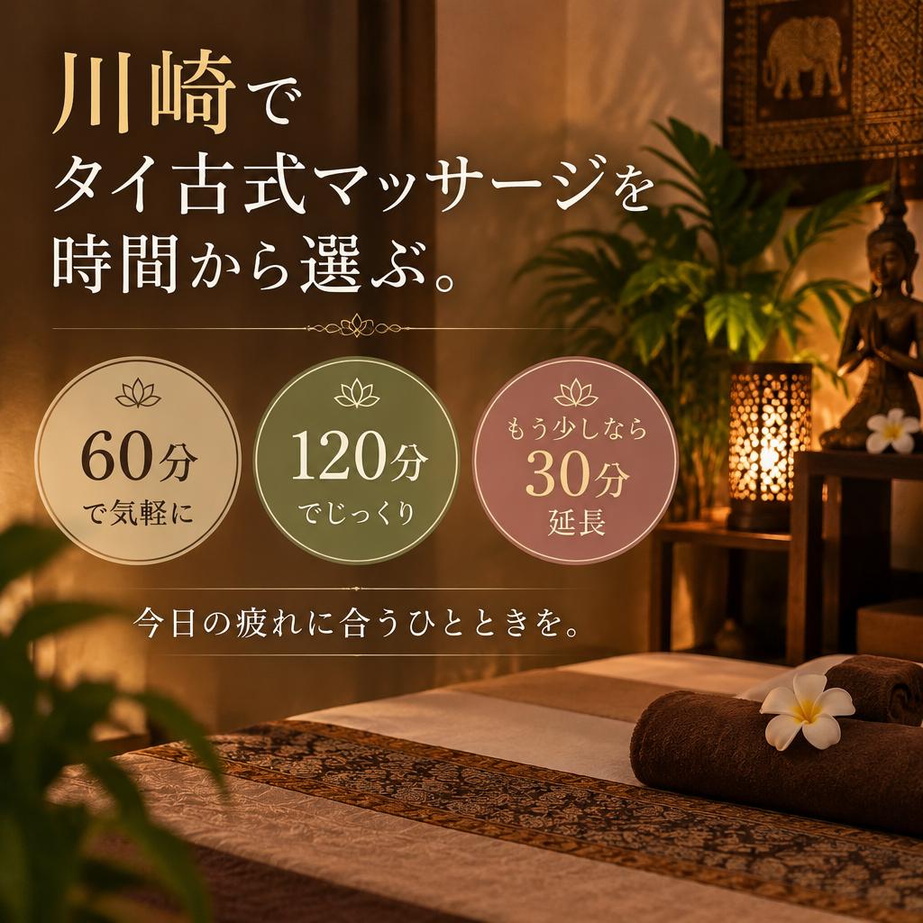 川崎でタイ古式マッサージを時間で選ぶ｜60分・120分・30分延長｜バオバオ